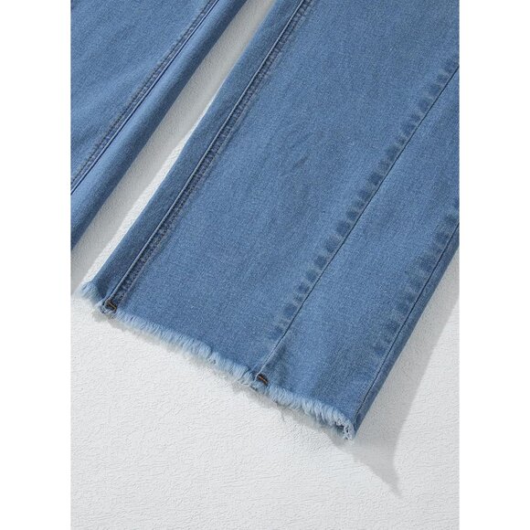 Women's Wide Leg High Waisted Denim Jeans Raw Hem Plus Size Blue - Picture 7 of 8